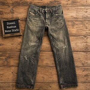 Diesel Rumbum Mens 32x32 Faded Black Distressed Straight Leg Jeans Red Stitch